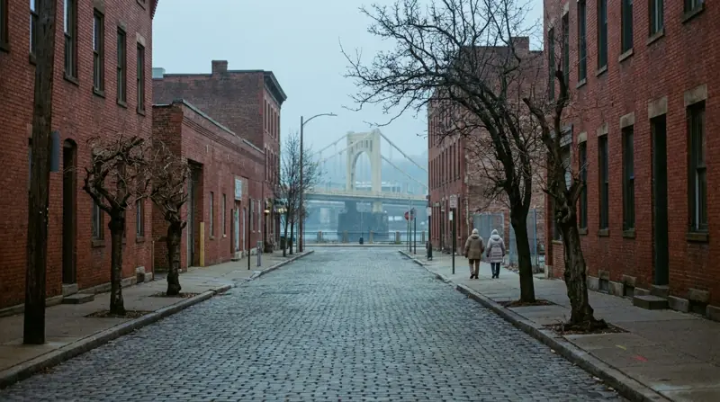 A quiet Pittsburgh street at dawn with a yellow steel bridge faint at the end